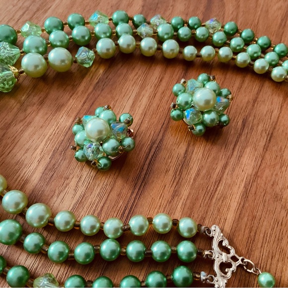 Collier vert vintage et boucles assorties - Picture 2 of 4